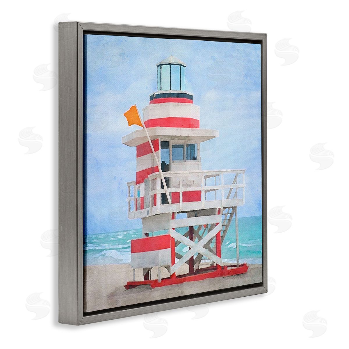 LSR Design Studio Summer Shore Hut Gray Floating Frame Canvas Wall Art Print