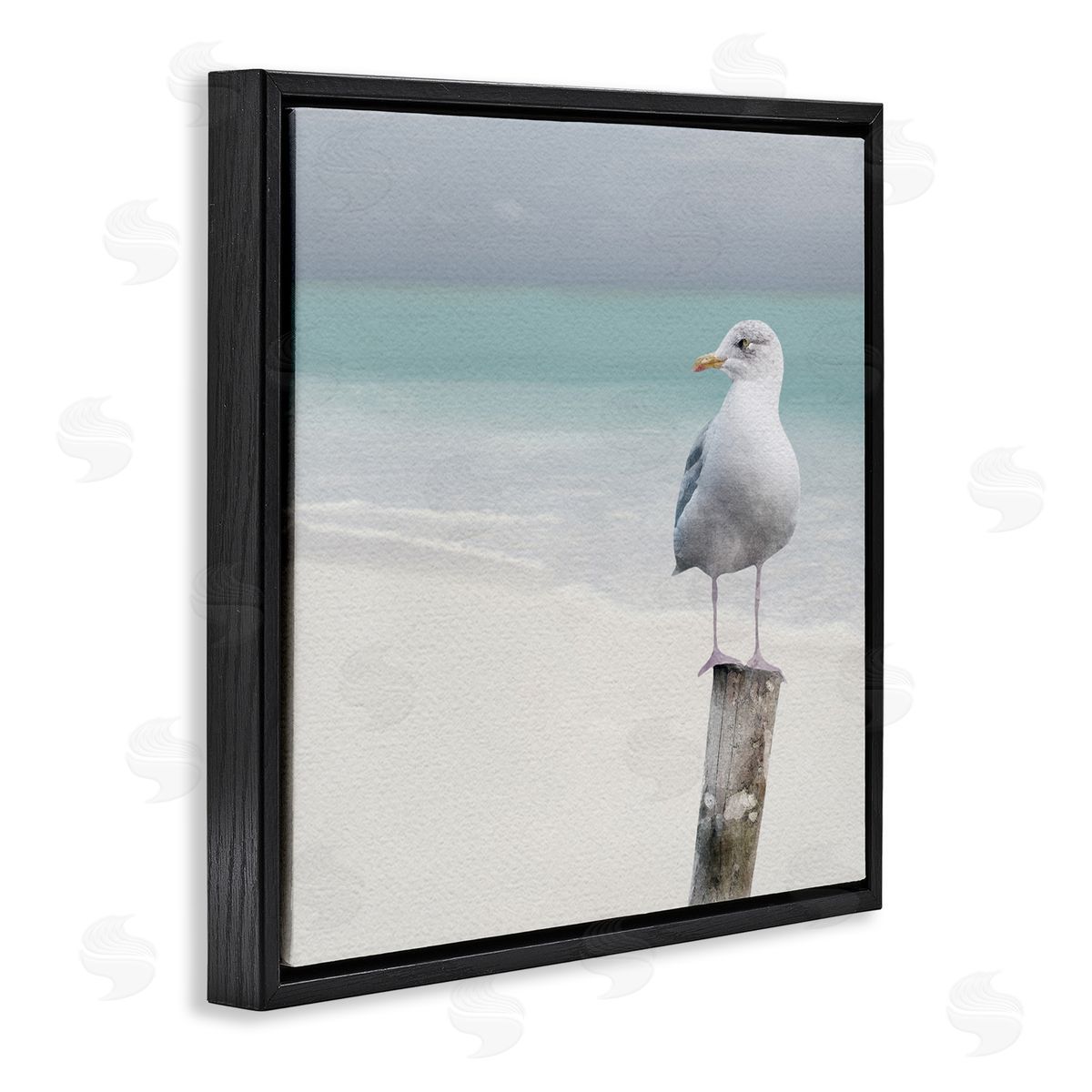 LSR Design Studio Seagull Perched by Shore Black Floating Frame Canvas Wall Art Print