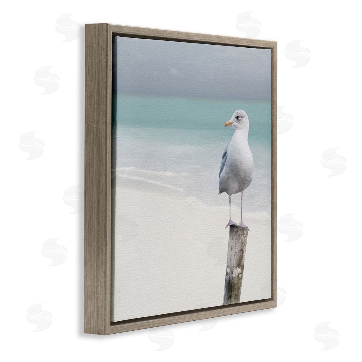LSR Design Studio Seagull Perched by Shore Brown Floating Frame Canvas Wall Art Print