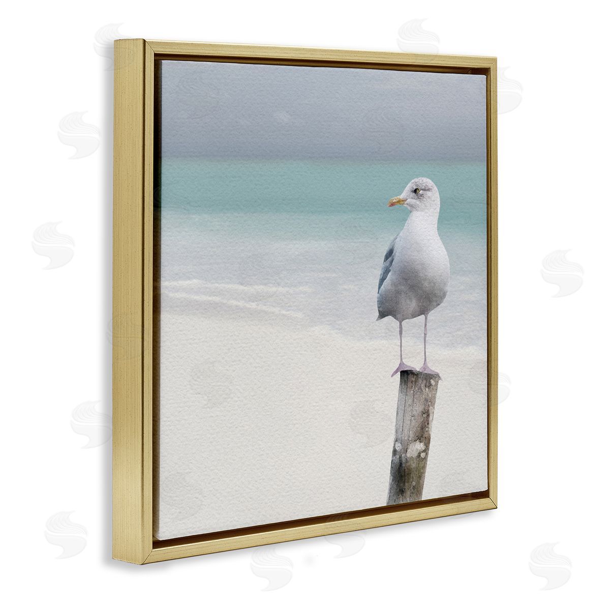 LSR Design Studio Seagull Perched by Shore Gold Floating Frame Canvas Wall Art Print