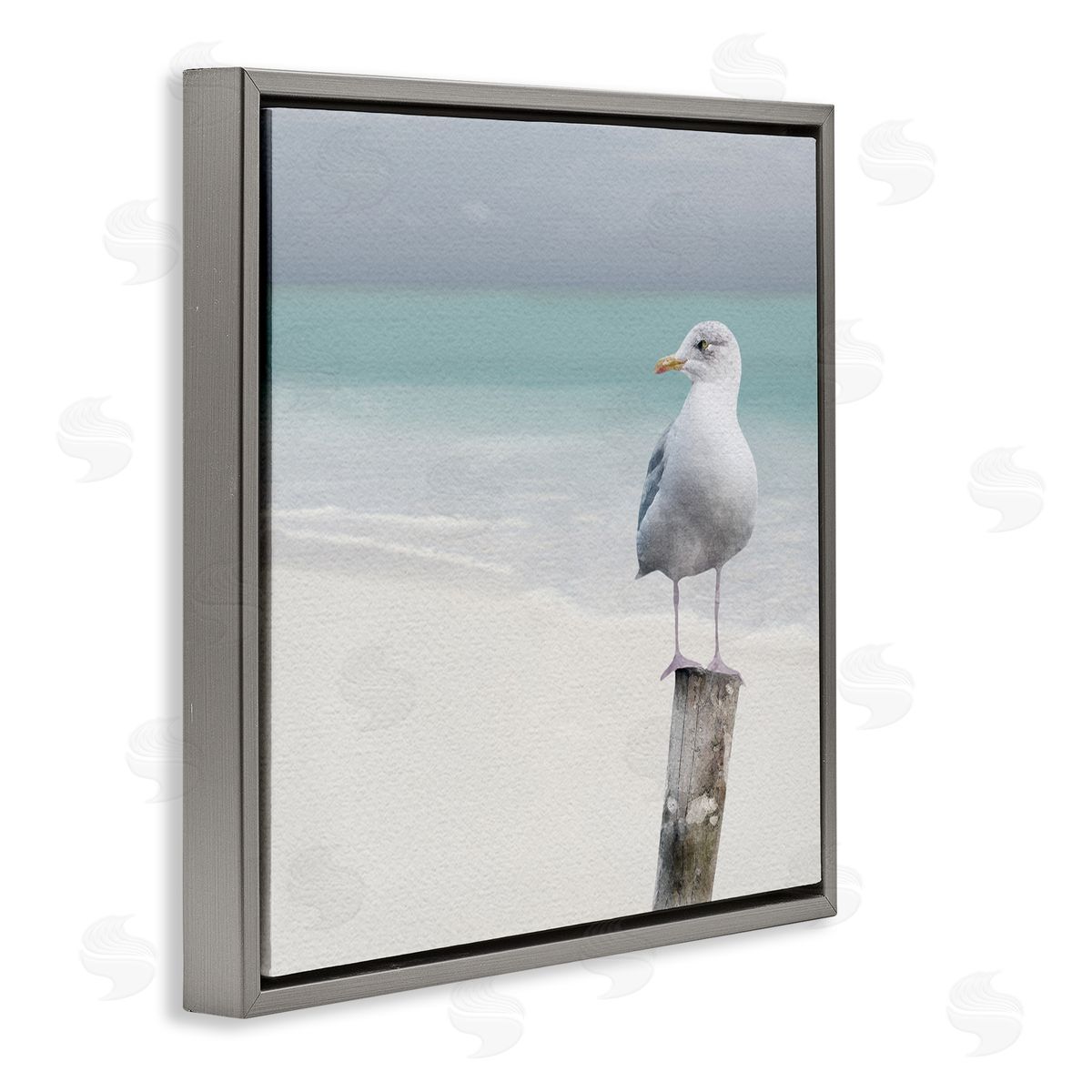 LSR Design Studio Seagull Perched by Shore Gray Floating Frame Canvas Wall Art Print