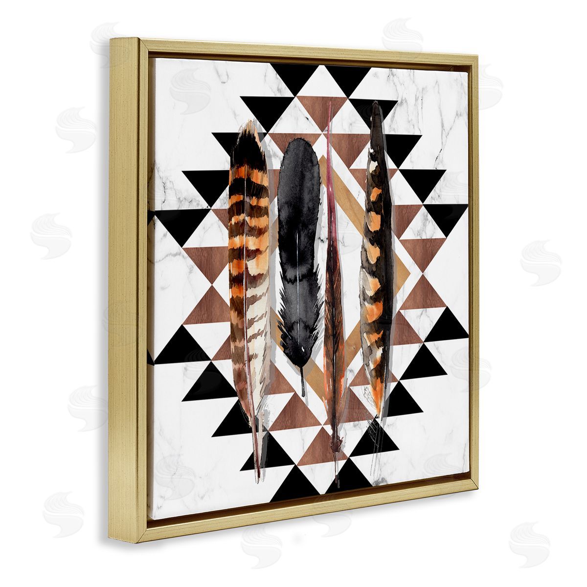 Jennifer Paxton Parker Boho Feathers on Geometric Gold Floating Frame Canvas Wall Art Print