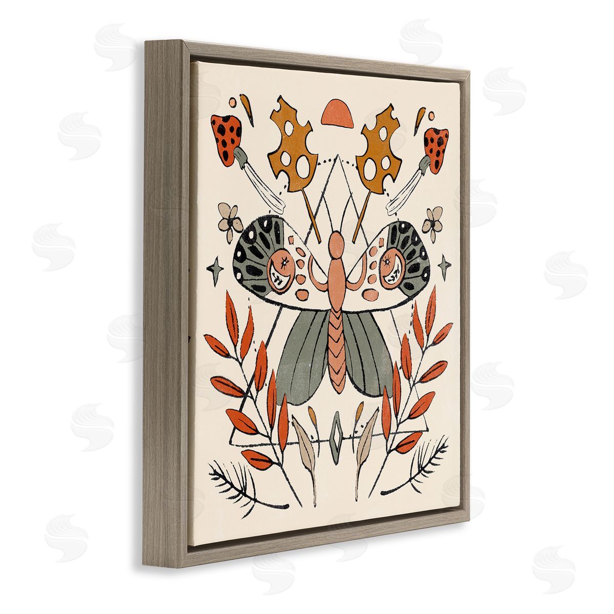 Melissa Wang Boho Moth & Plant Sprigs Brown Floating Frame Canvas Wall Art Print