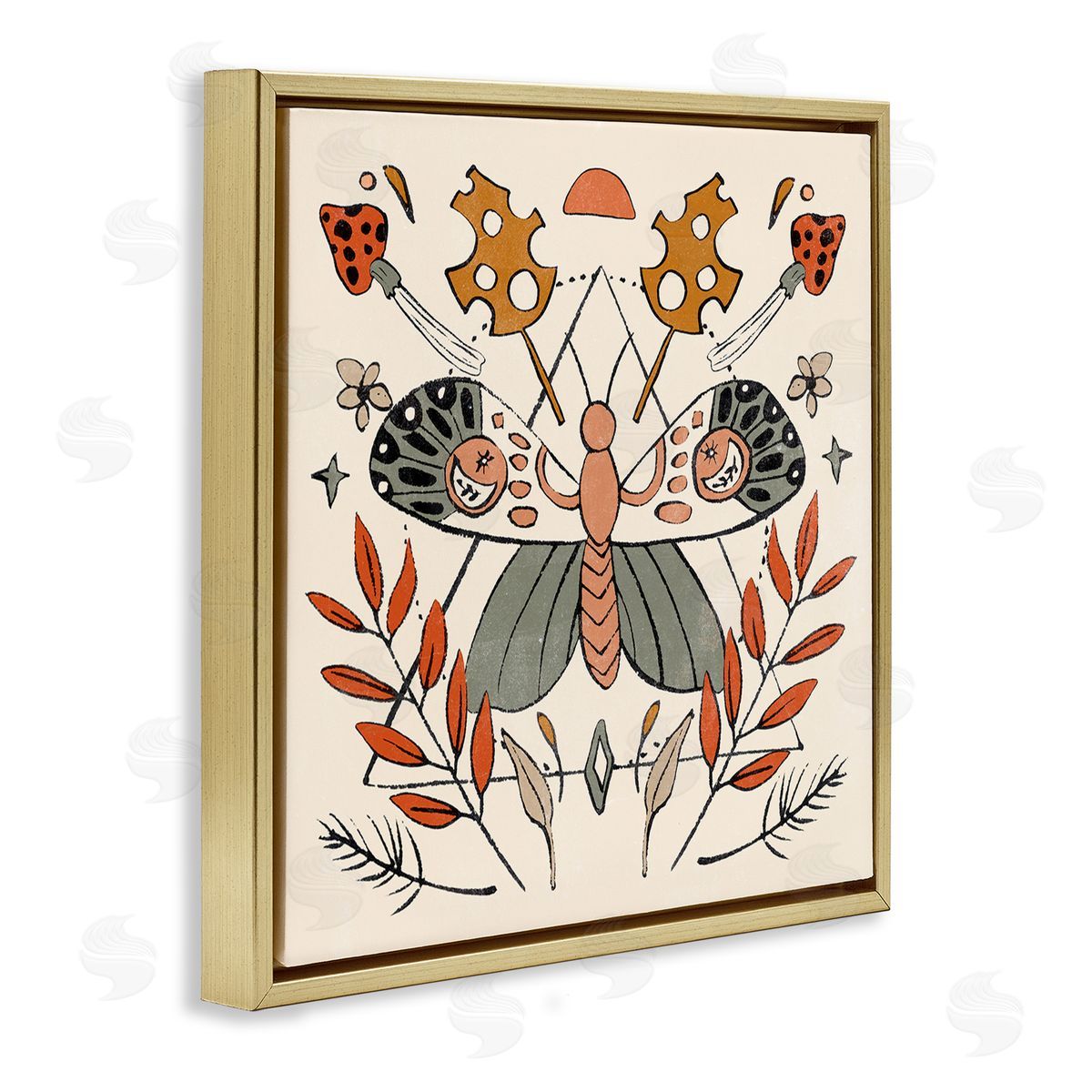 Melissa Wang Boho Moth & Plant Sprigs Gold Floating Frame Canvas Wall Art Print