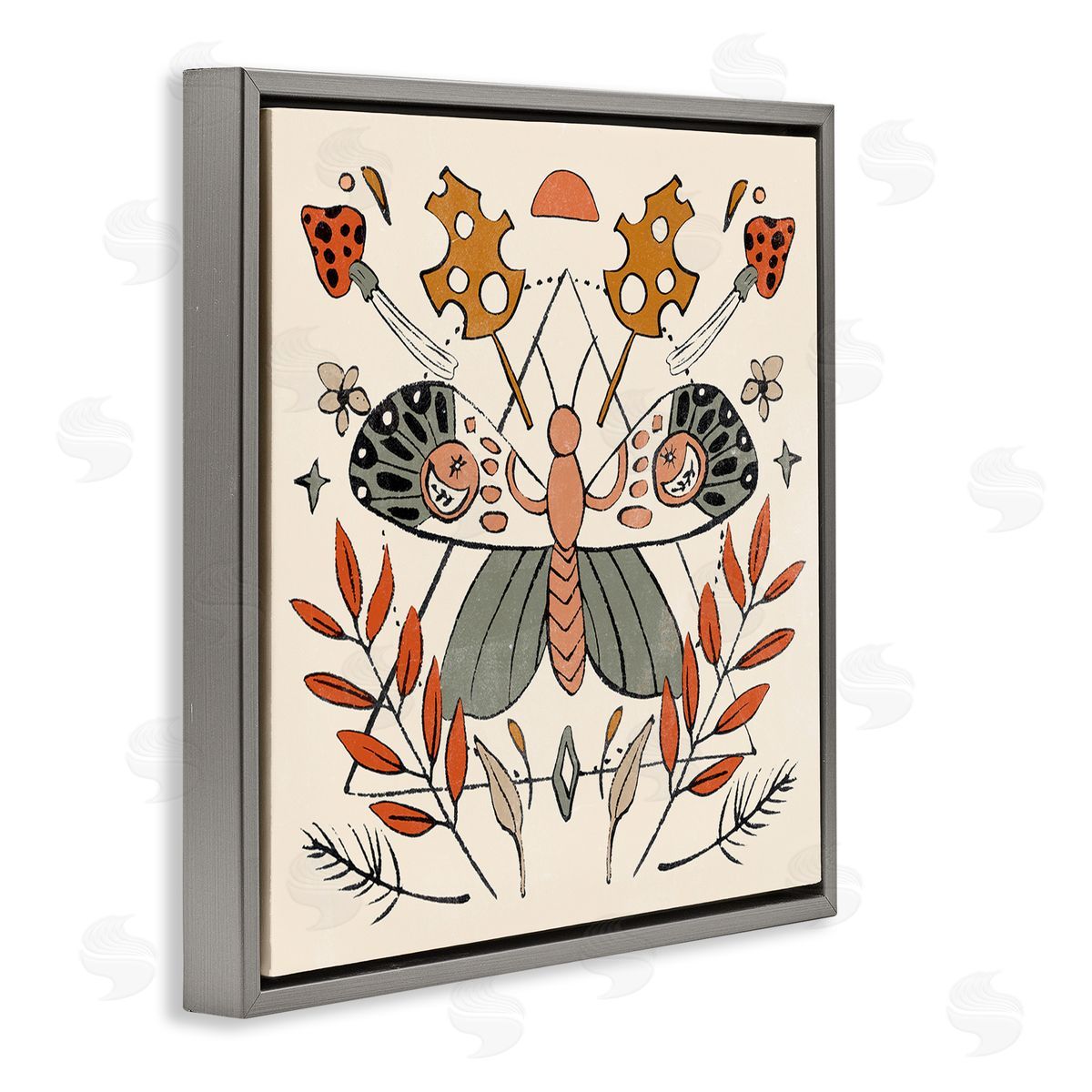 Melissa Wang Boho Moth & Plant Sprigs Gray Floating Frame Canvas Wall Art Print