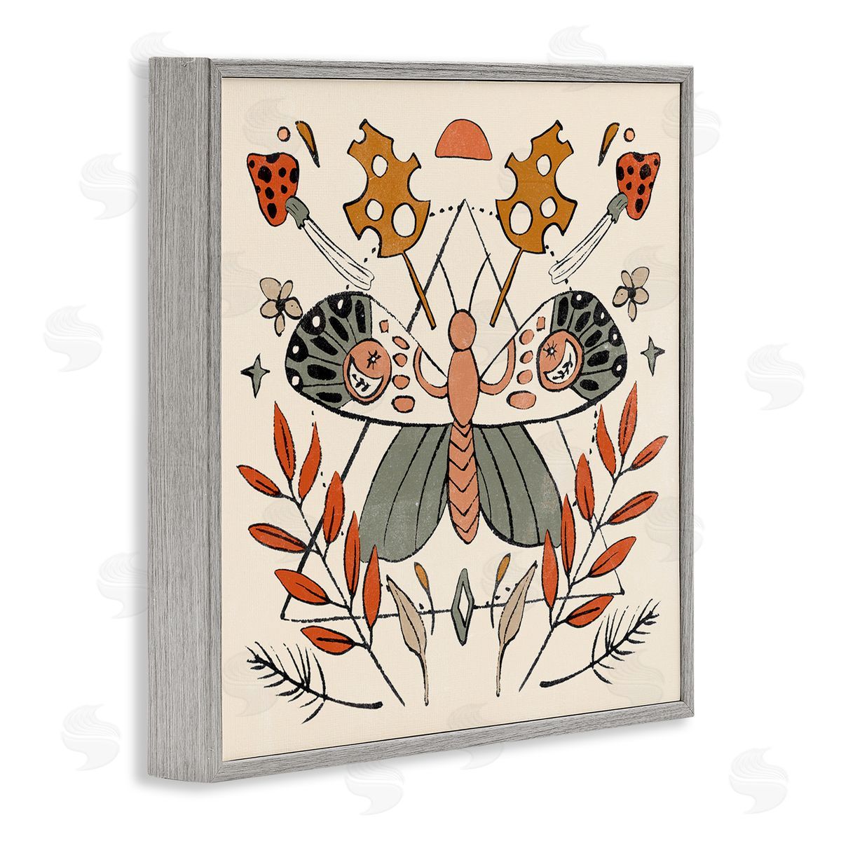 Melissa Wang Boho Moth & Plant Sprigs Gray Framed Glicee Wall Art Print