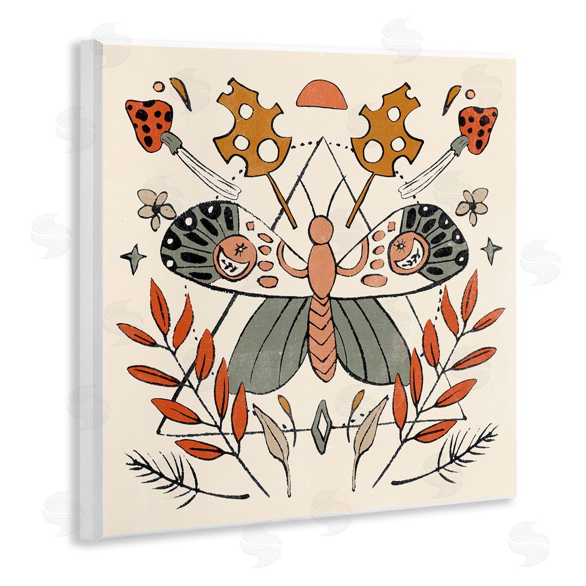 Melissa Wang Boho Moth & Plant Sprigs Wooden Wall Plaque Art Print