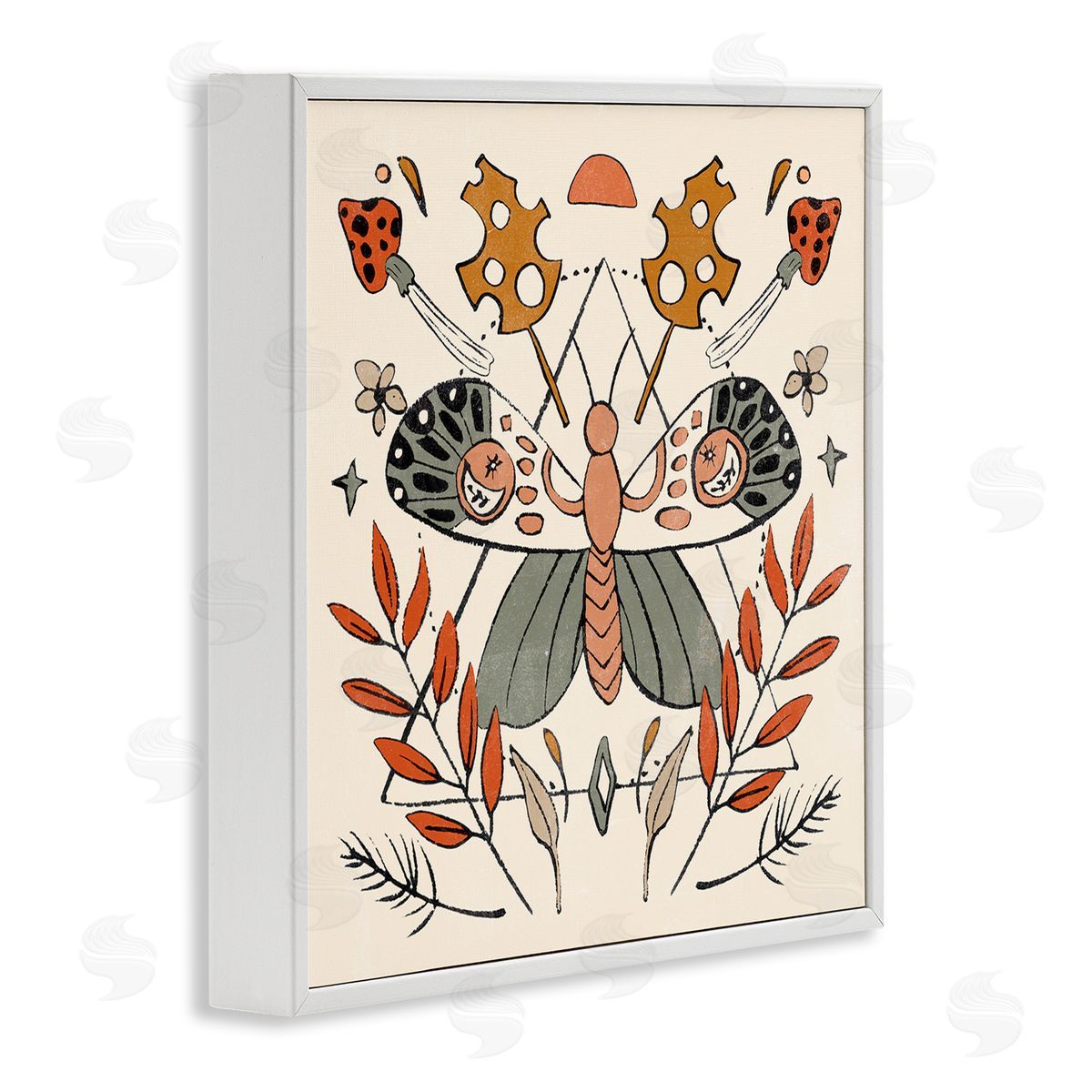 Melissa Wang Boho Moth & Plant Sprigs White Framed Glicee Wall Art Print