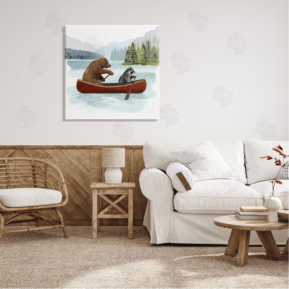 Victoria Barnes Raccoon & Bear Canoeing Canvas Wall Art in Room