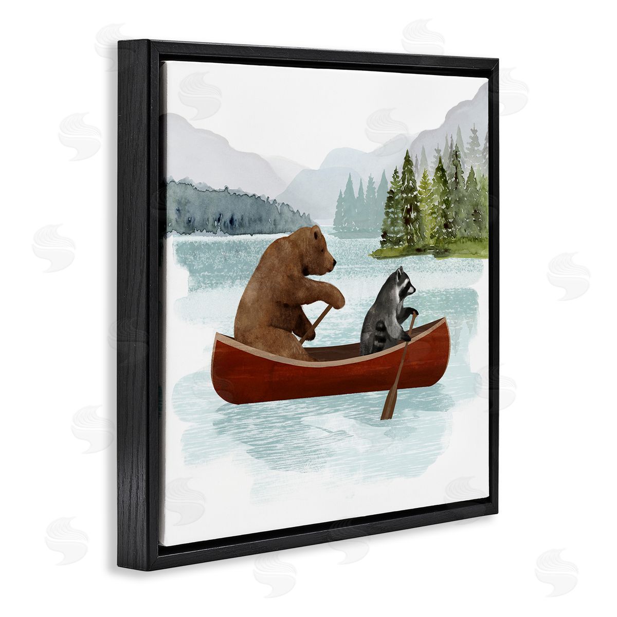 Victoria Barnes Raccoon & Bear Canoeing Black Floating Frame Canvas Wall Art Print