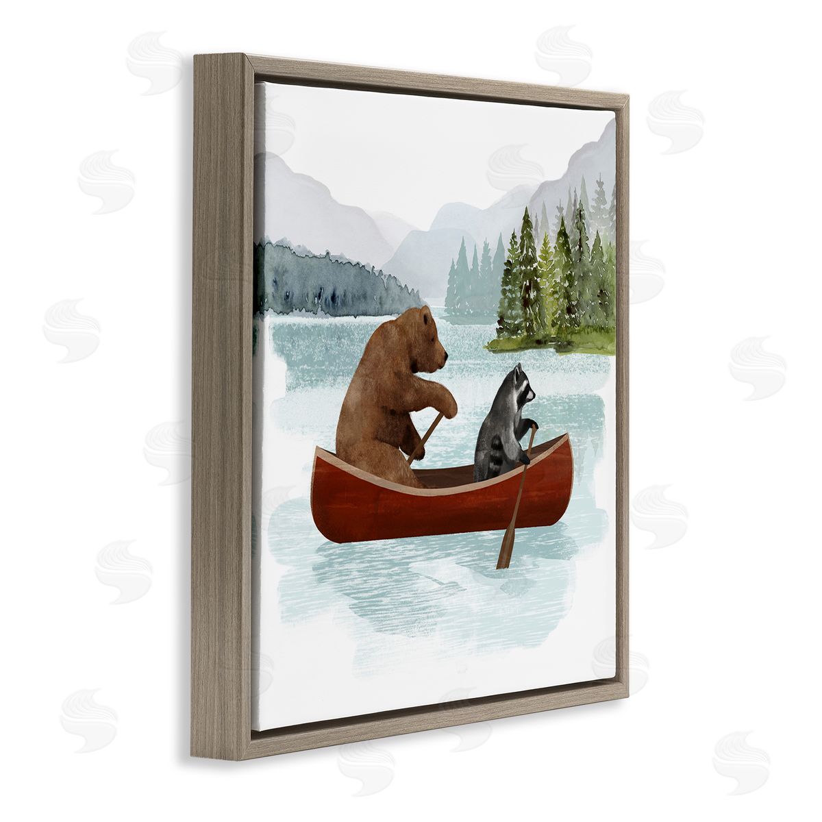 Victoria Barnes Raccoon & Bear Canoeing Brown Floating Frame Canvas Wall Art Print