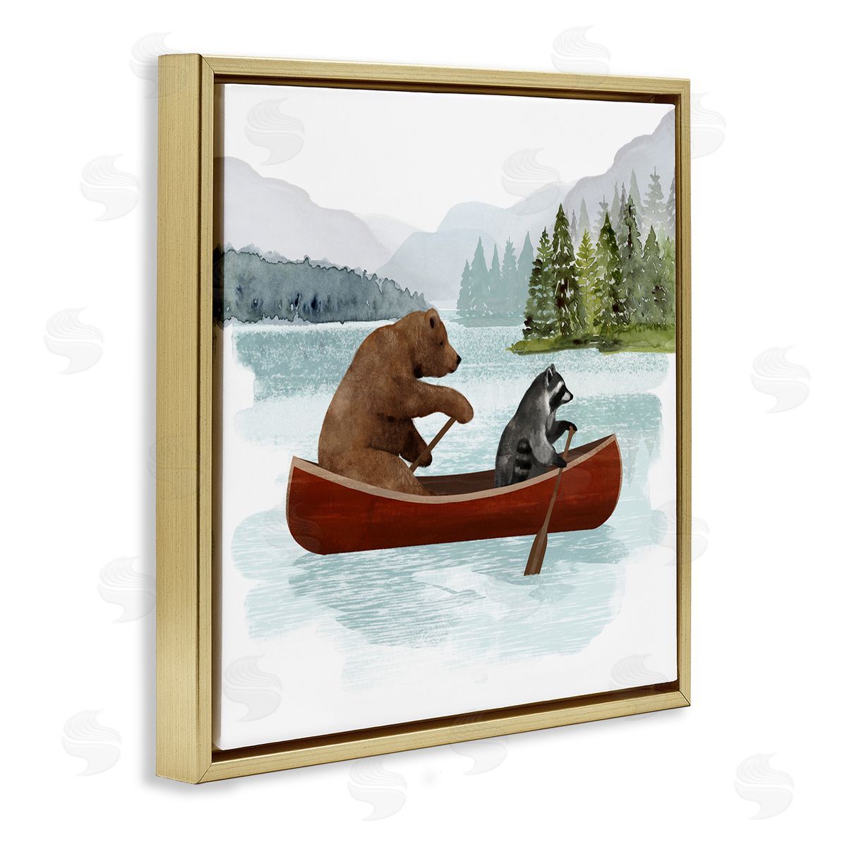 Victoria Barnes Raccoon & Bear Canoeing Gold Floating Frame Canvas Wall Art Print
