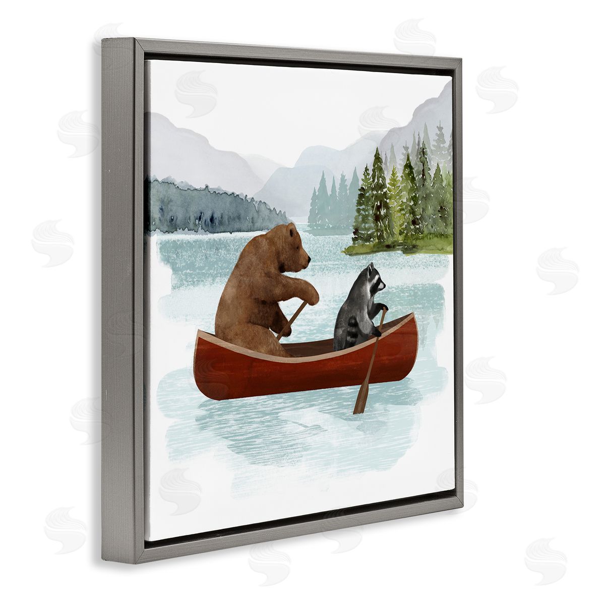 Victoria Barnes Raccoon & Bear Canoeing Gray Floating Frame Canvas Wall Art Print