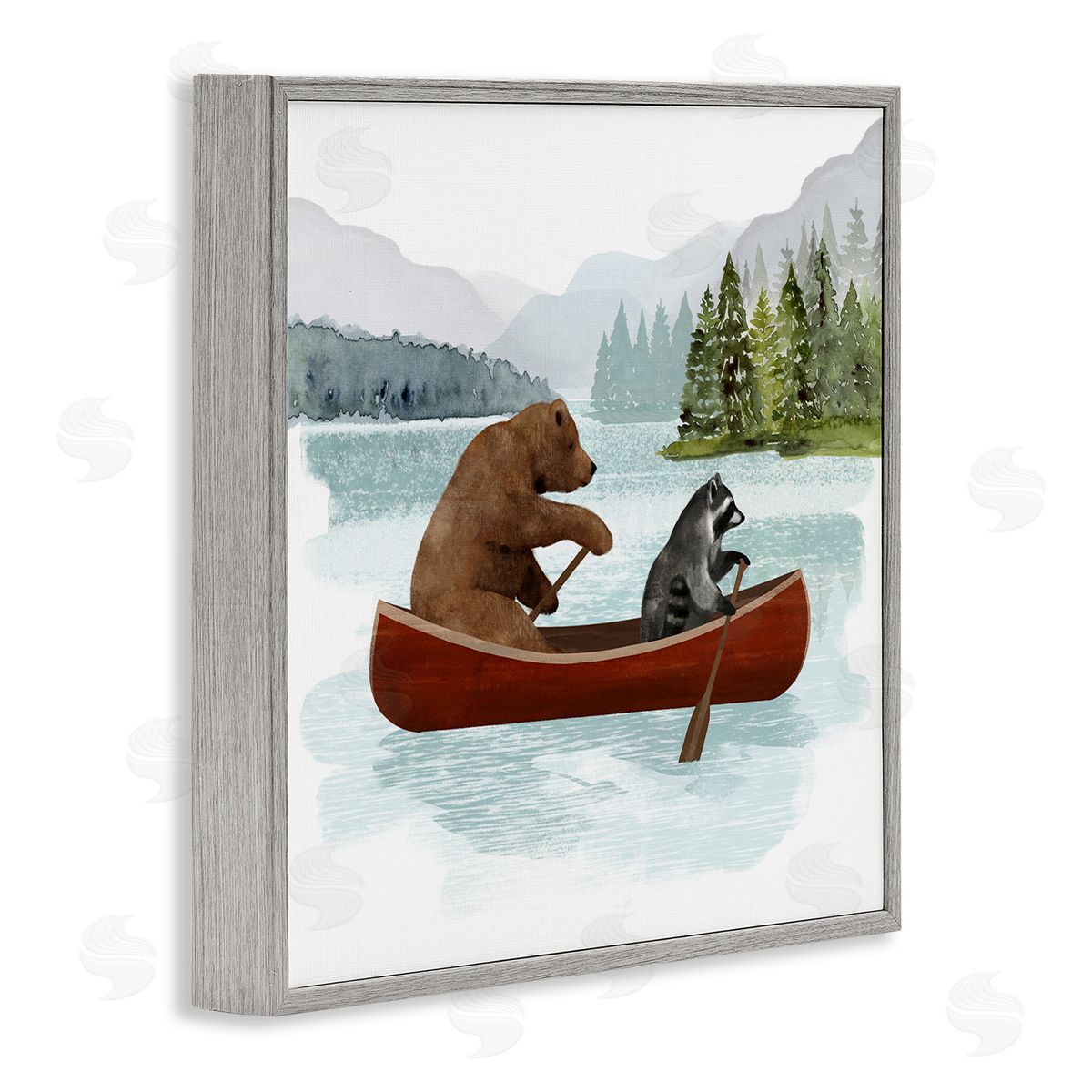 Victoria Barnes Raccoon & Bear Canoeing Gray Framed Glicee Wall Art Print