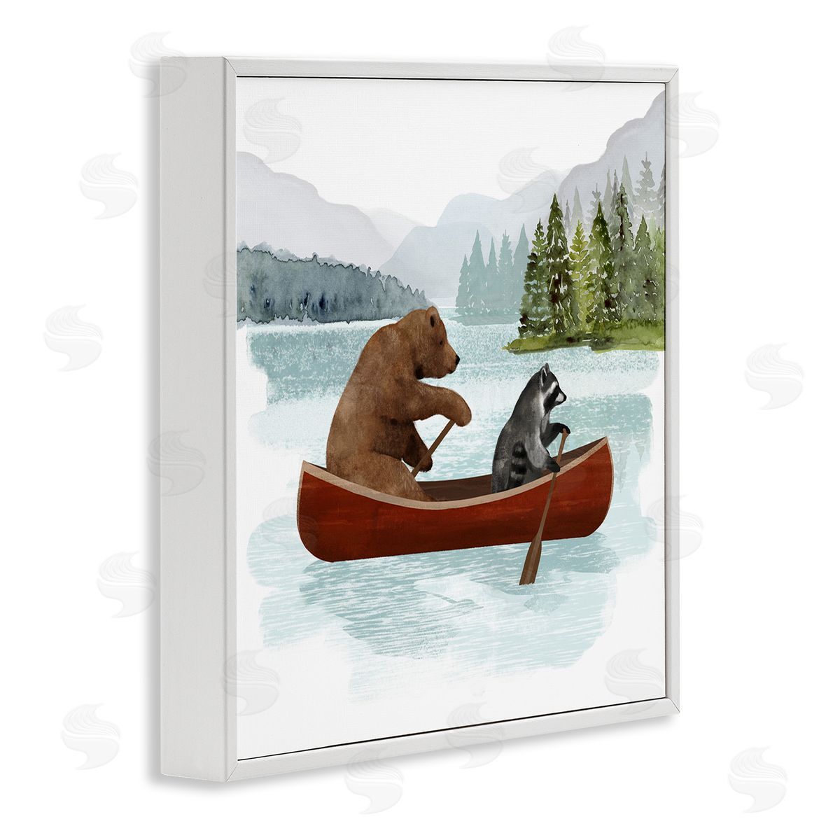Victoria Barnes Raccoon & Bear Canoeing White Framed Glicee Wall Art Print