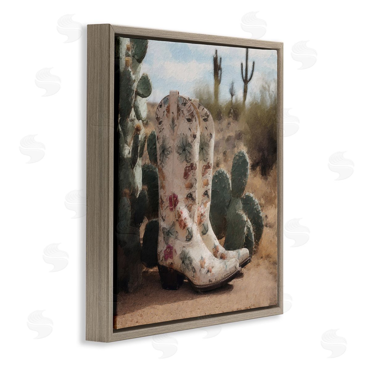 LSR Design Studio Floral Cowgirl Boots Brown Floating Frame Canvas Wall Art Print