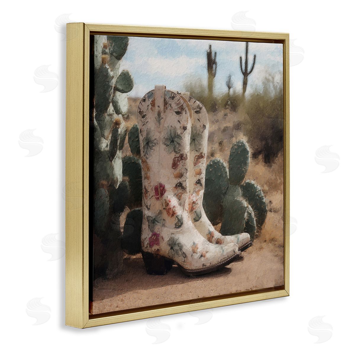 LSR Design Studio Floral Cowgirl Boots Gold Floating Frame Canvas Wall Art Print