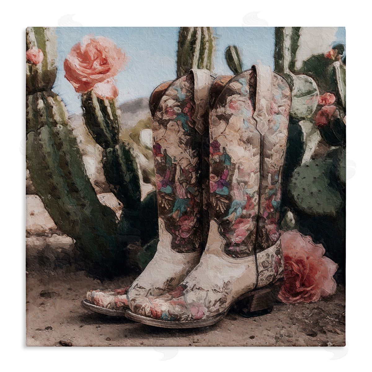 LSR Design Studio Boots with Cactus Flowers Stretched Canvas Wall Art Print
