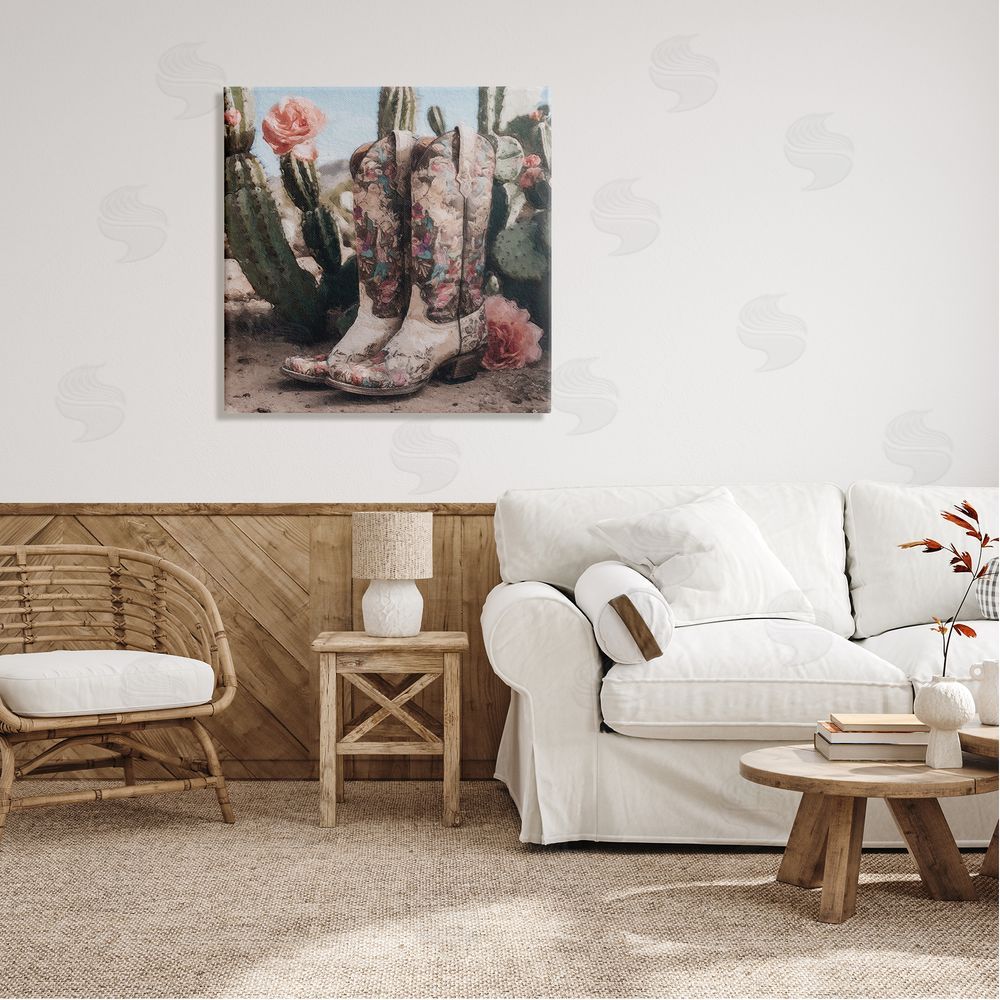 LSR Design Studio Boots with Cactus Flowers Canvas Wall Art in Room