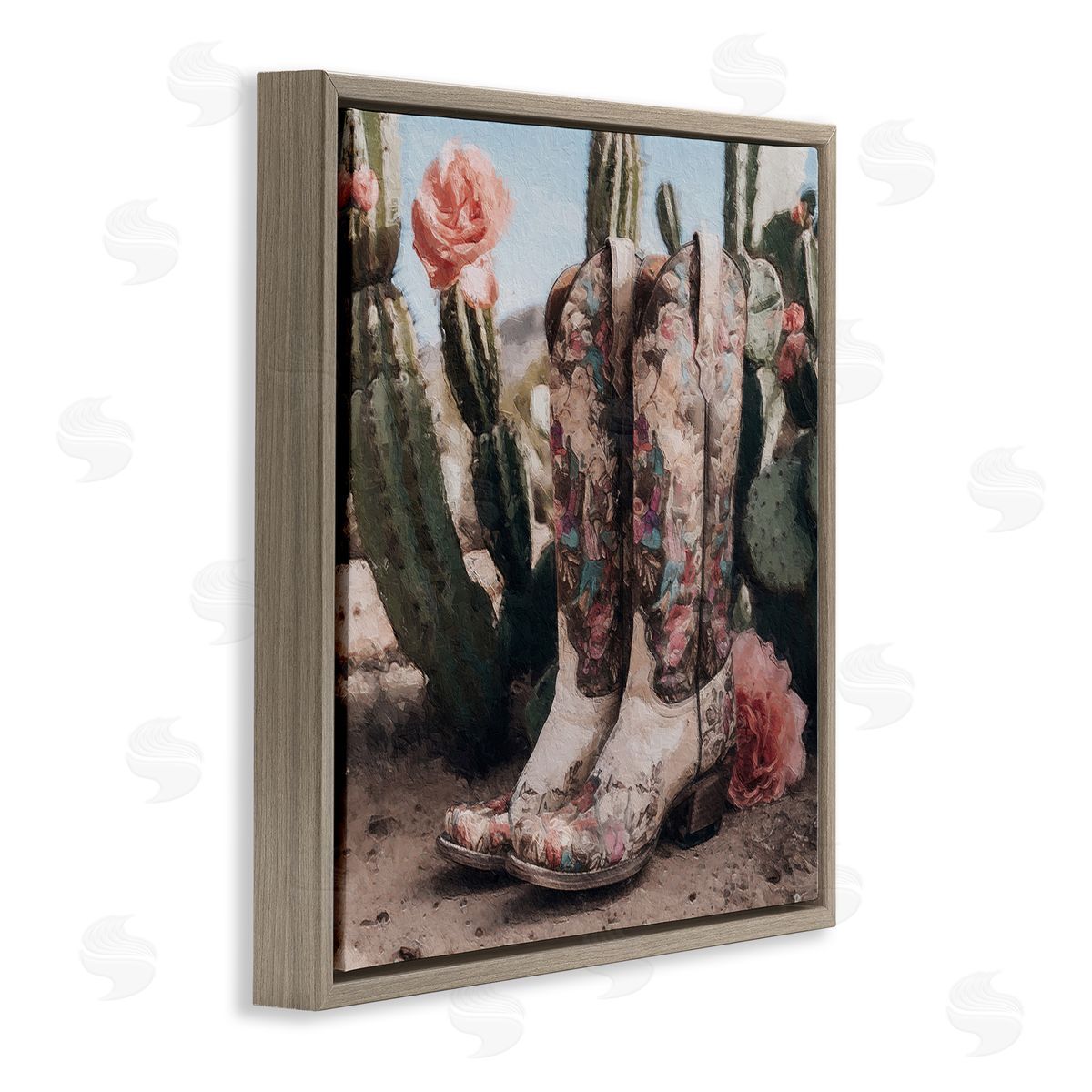 LSR Design Studio Boots with Cactus Flowers Brown Floating Frame Canvas Wall Art Print