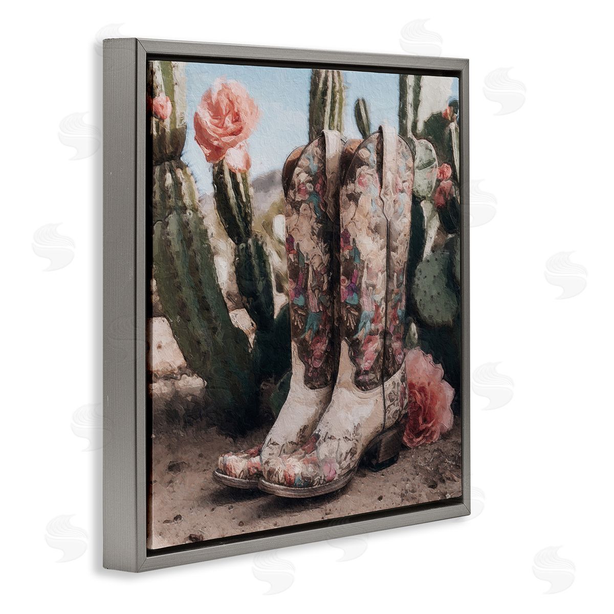 LSR Design Studio Boots with Cactus Flowers Gray Floating Frame Canvas Wall Art Print