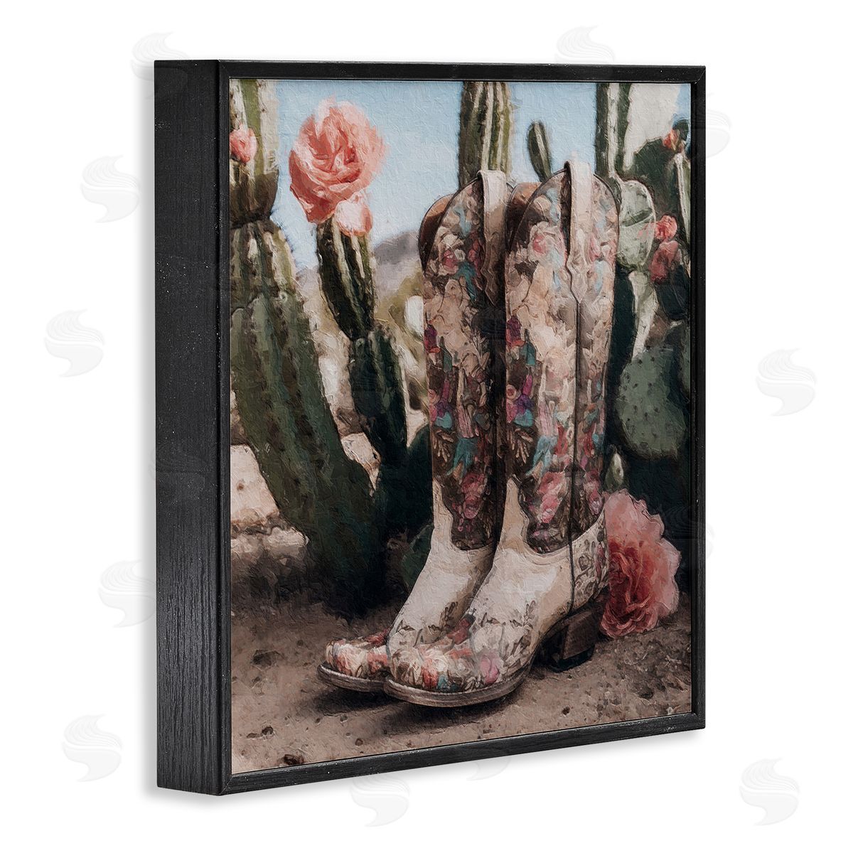 LSR Design Studio Boots with Cactus Flowers Black Framed Glicee Wall Art Print