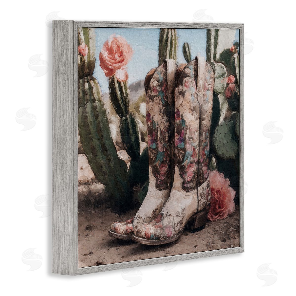 LSR Design Studio Boots with Cactus Flowers Gray Framed Glicee Wall Art Print