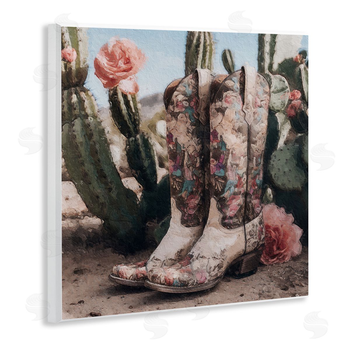 LSR Design Studio Boots with Cactus Flowers Wooden Wall Plaque Art Print