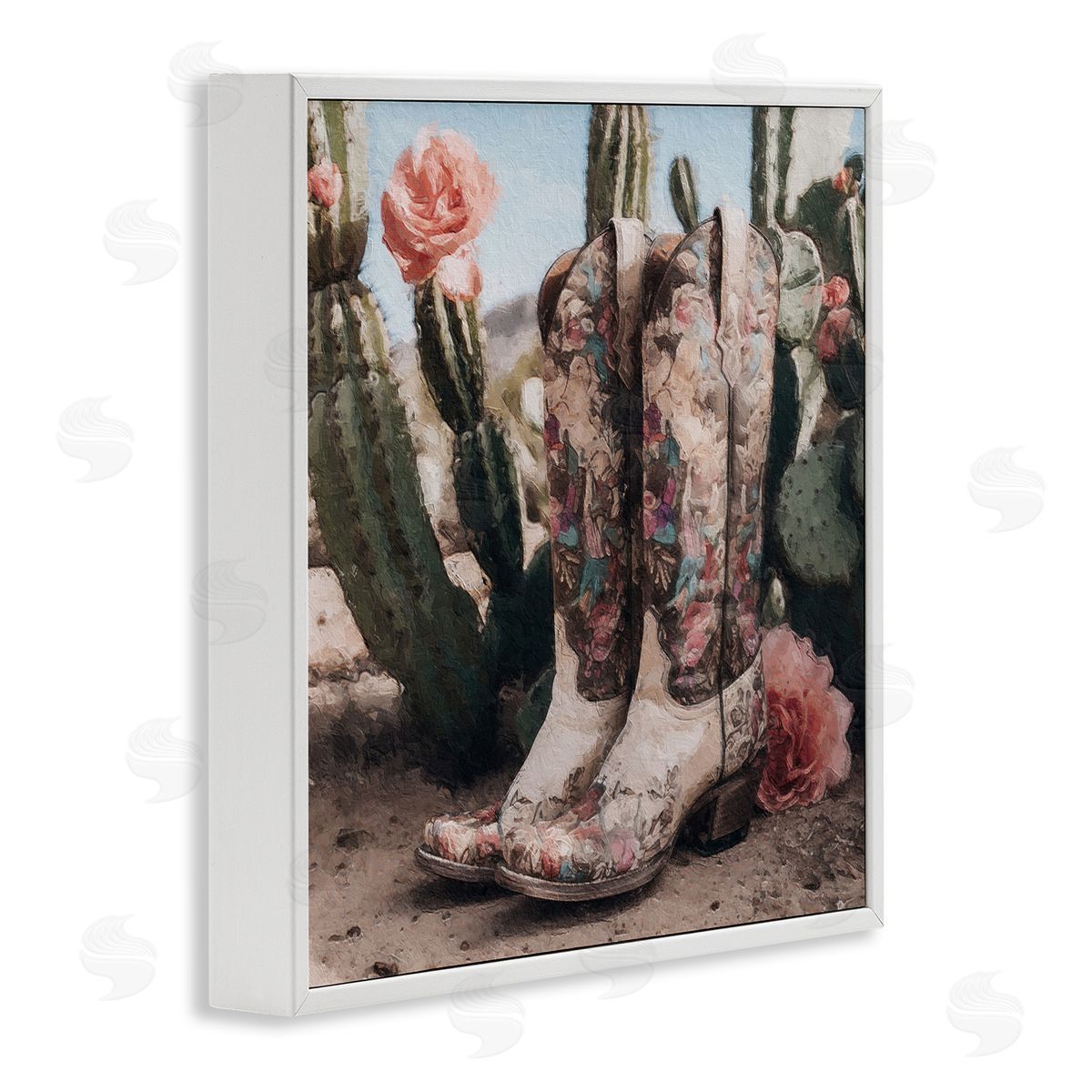 LSR Design Studio Boots with Cactus Flowers White Framed Glicee Wall Art Print