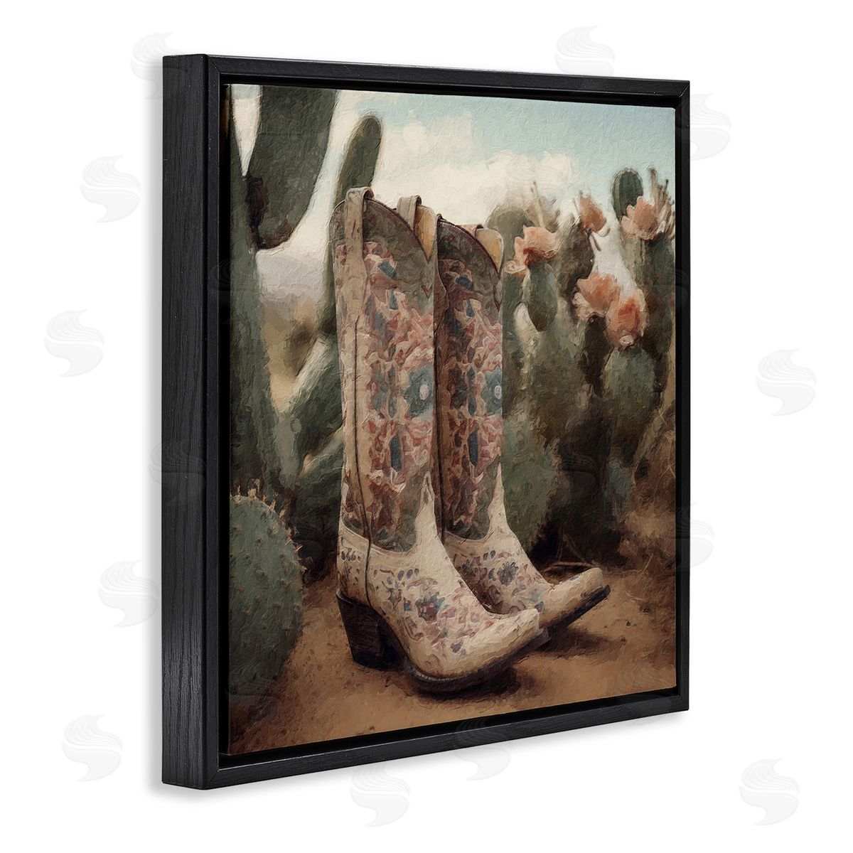 LSR Design Studio Cowboy Boots & Cactus Black Floating Frame Canvas Wall Art Print
