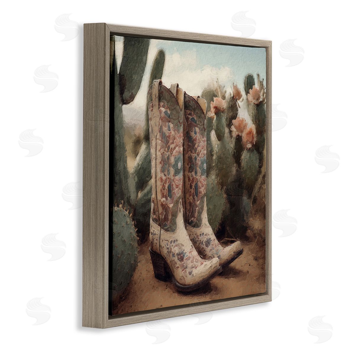 LSR Design Studio Cowboy Boots & Cactus Brown Floating Frame Canvas Wall Art Print