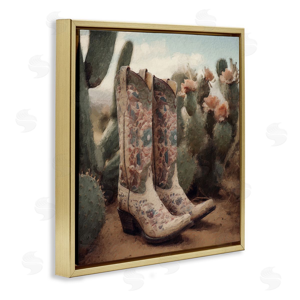 LSR Design Studio Cowboy Boots & Cactus Gold Floating Frame Canvas Wall Art Print
