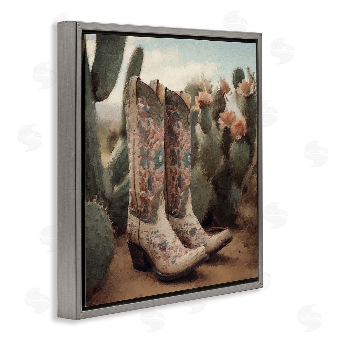 LSR Design Studio Cowboy Boots & Cactus Gray Floating Frame Canvas Wall Art Print