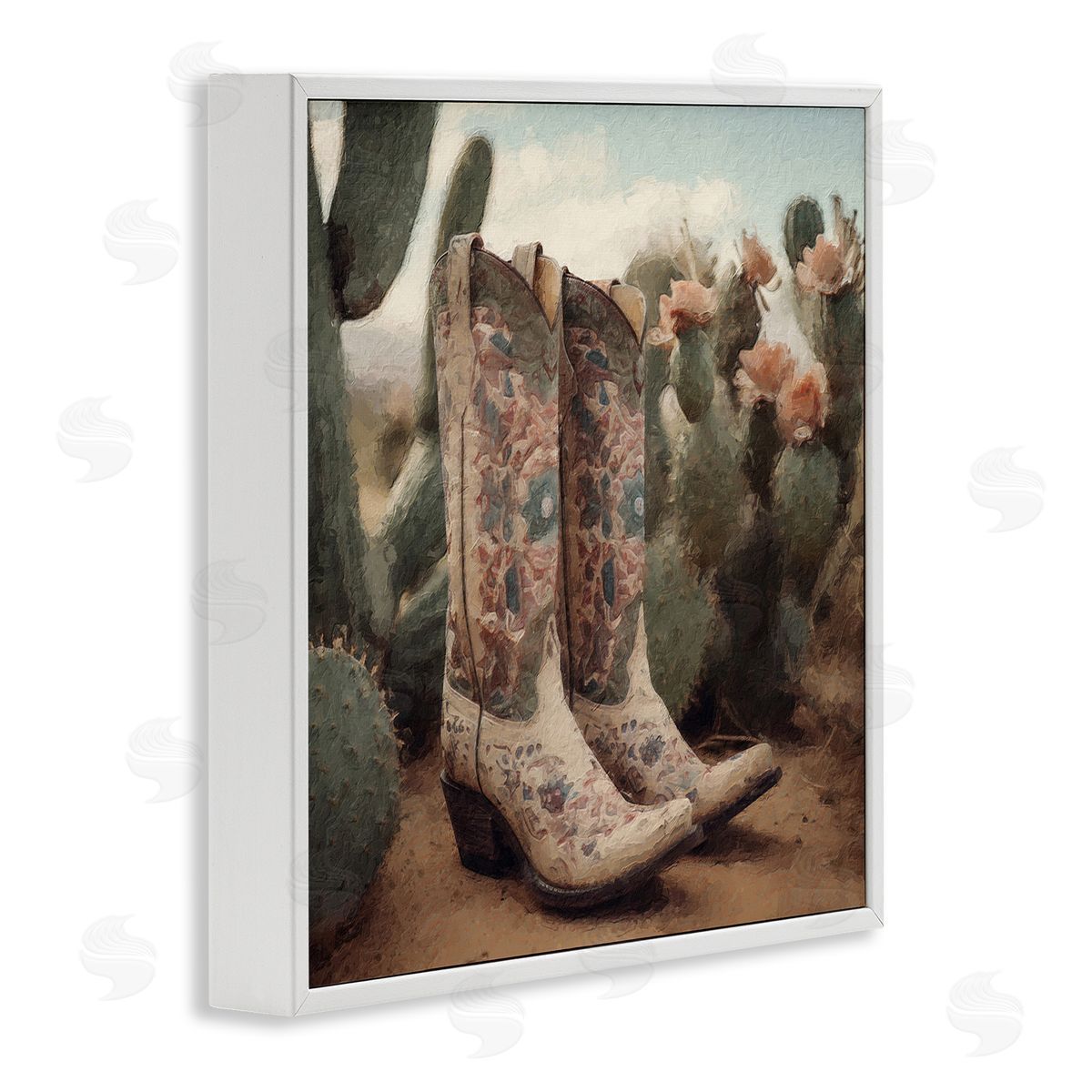 LSR Design Studio Cowboy Boots & Cactus White Framed Glicee Wall Art Print