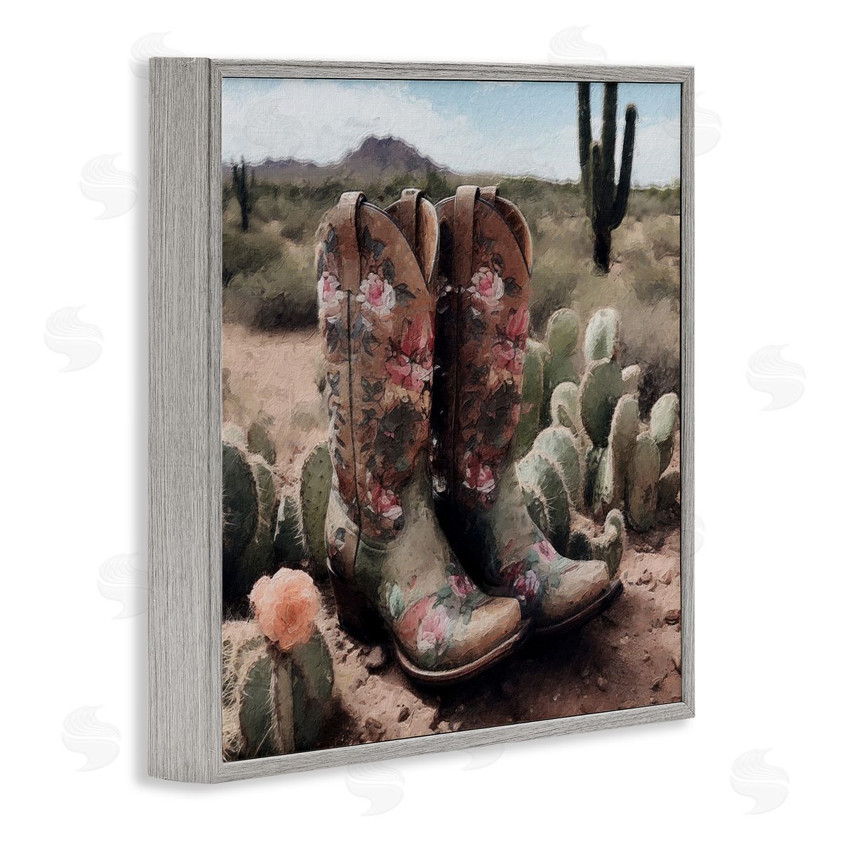 LSR Design Studio Southwestern Boots Landscape Gray Framed Glicee Wall Art Print