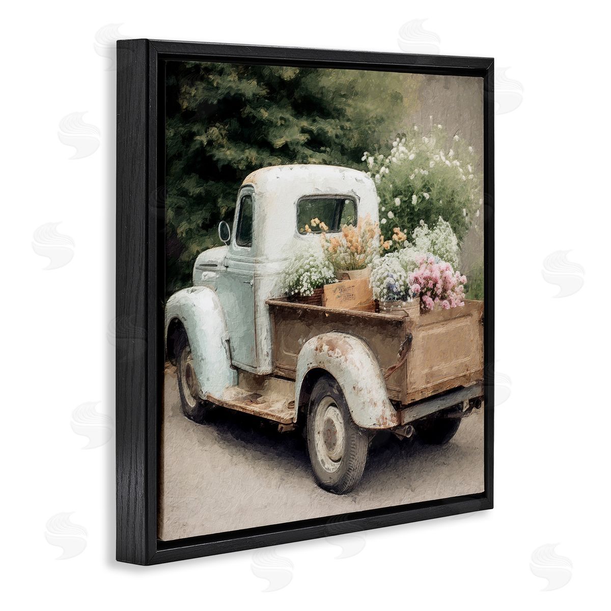 Country Florals in Truck Black Floating Frame Canvas Wall Art, Home Decor by LSR Design Studio
