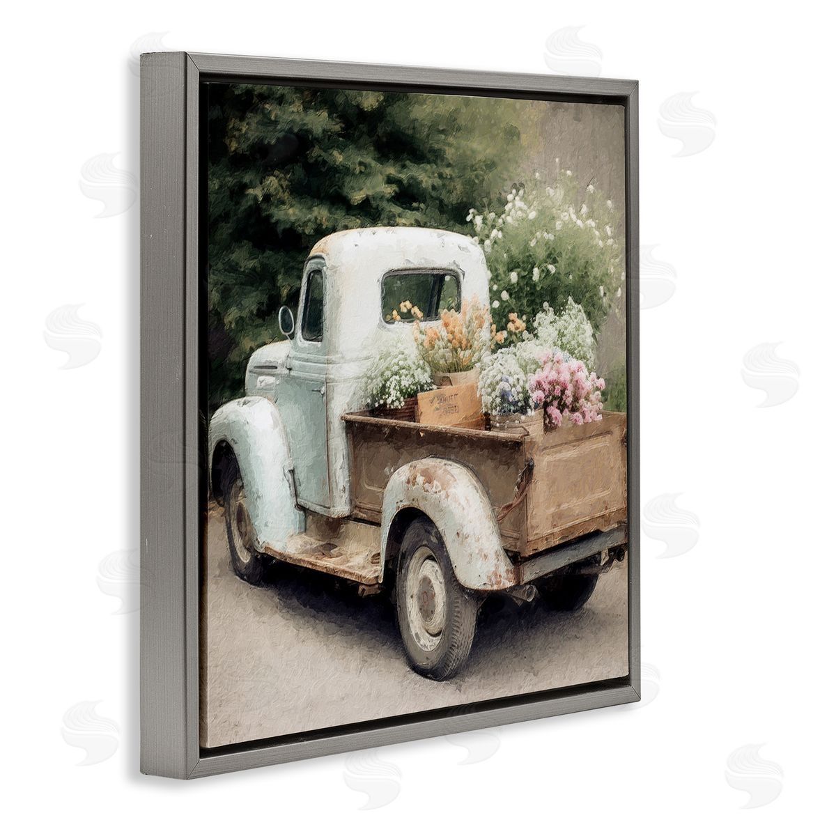 Country Florals in Truck Grey Floating Frame Canvas Wall Art, Home Decor by LSR Design Studio
