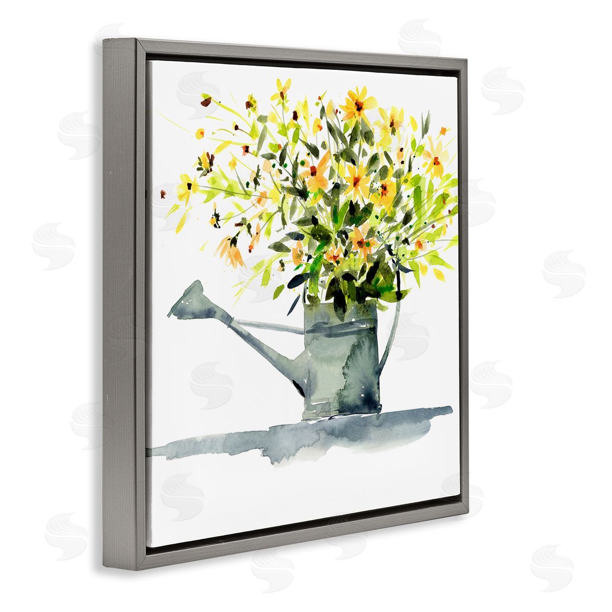 Claudia Bianchi Daisies in Watering Can Gray Floating Frame Canvas Wall Art Print