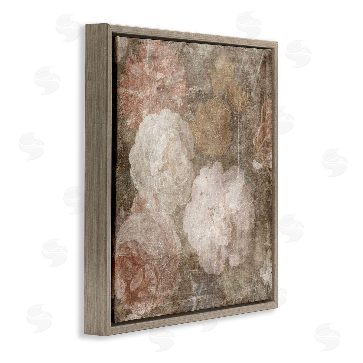 LSR Design Studio Vintage Peony Blooms Brown Floating Frame Canvas Wall Art Print