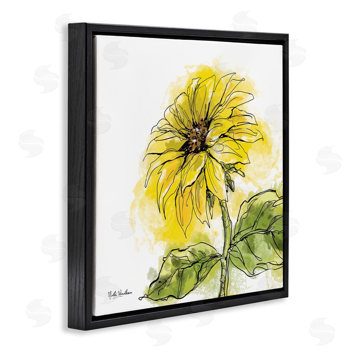 Nidhi Wadhwa Modern Splash Sunflower Black Floating Frame Canvas Wall Art Print