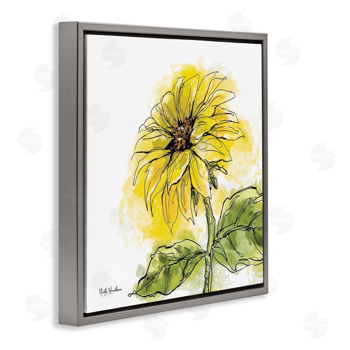 Nidhi Wadhwa Modern Splash Sunflower Gray Floating Frame Canvas Wall Art Print