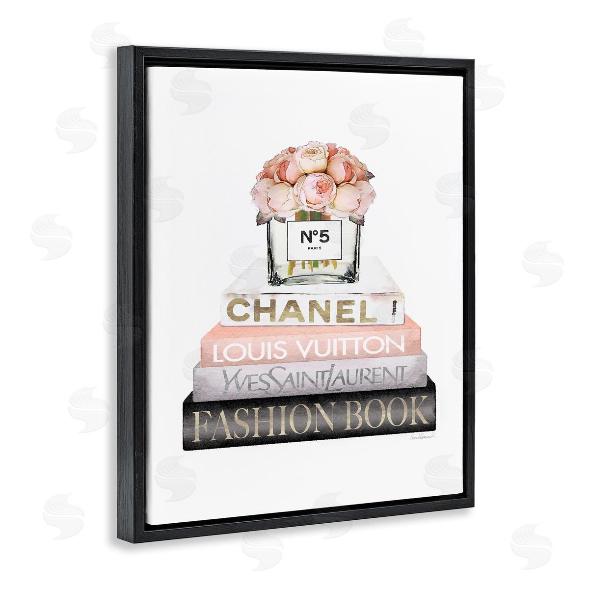 Pink Fashion Book Stack Black Floating Frame Canvas Wall Art, Home Decor by Amanda Greenwood