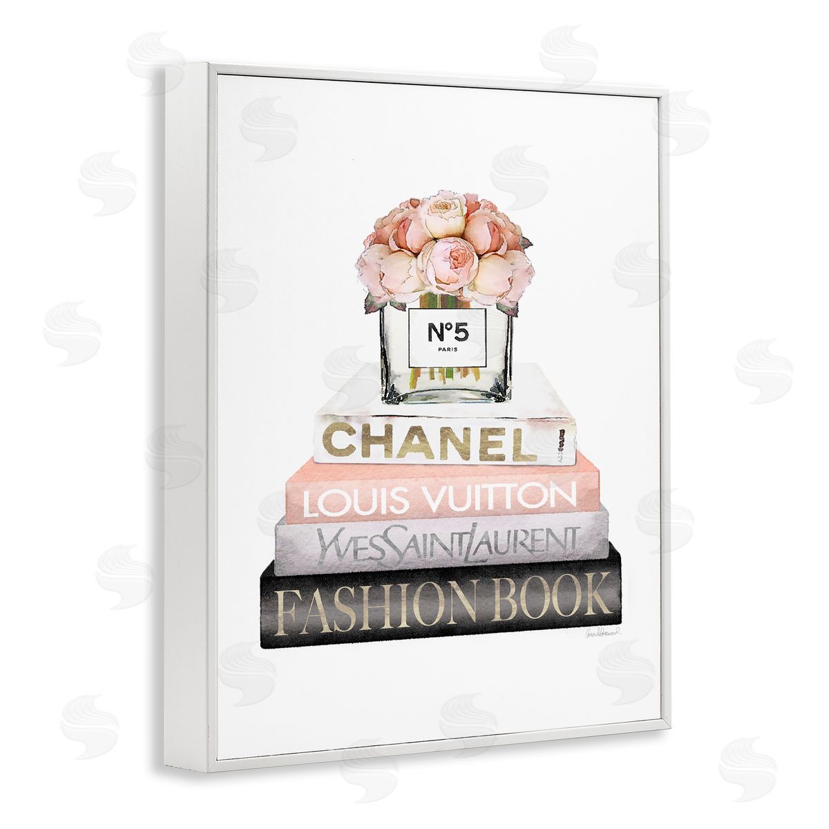 Pink Fashion Book Stack White Frame Print Wall Art, Home Decor by Amanda Greenwood