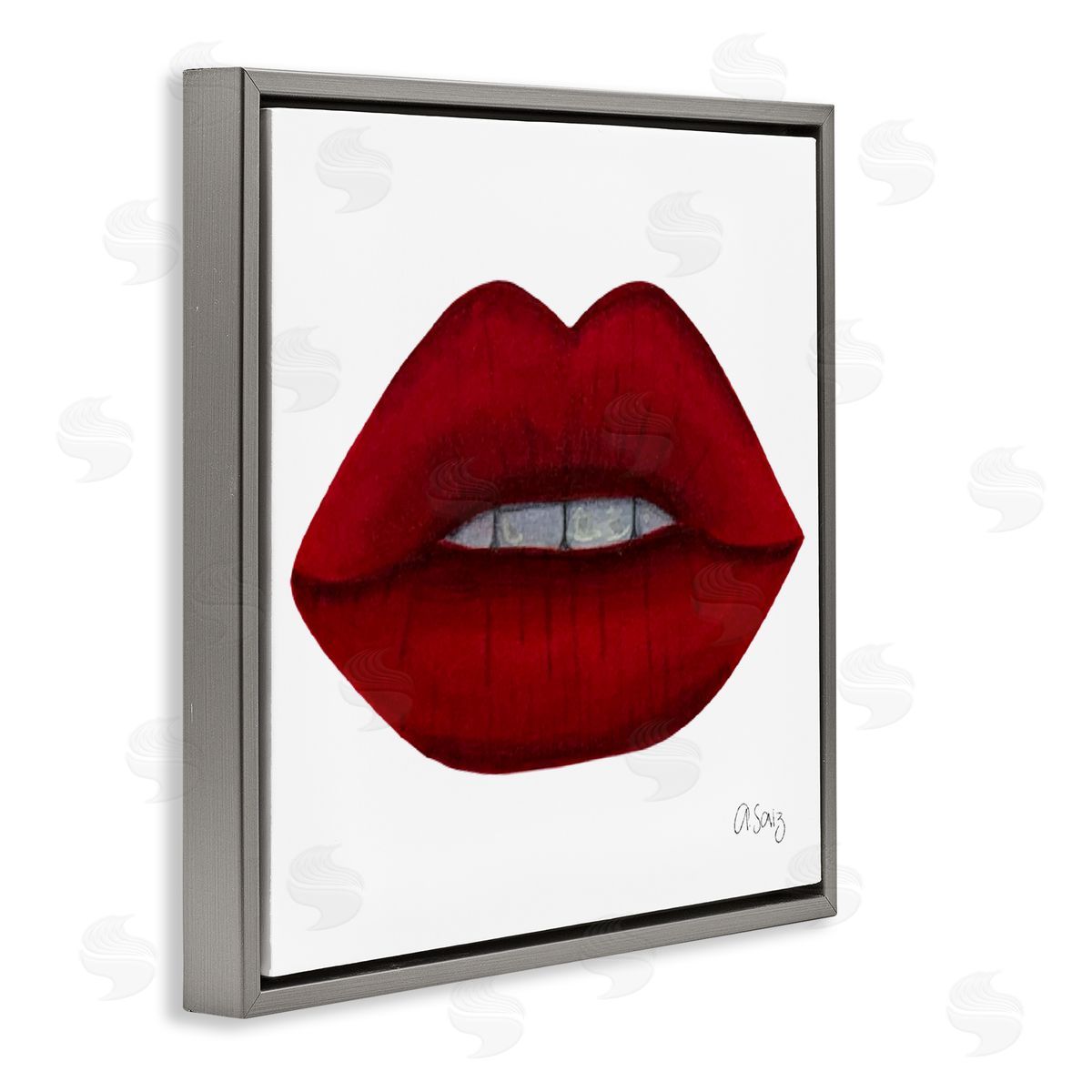 Ale Saiz Studio Red Lips on White Gray Floating Frame Canvas Wall Art Print