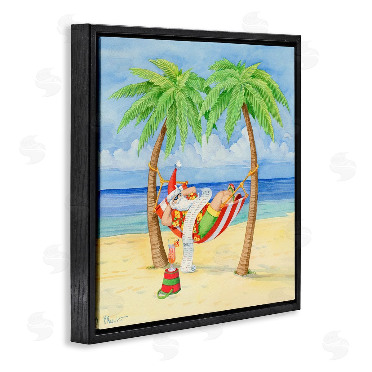 Paul Brent Santa on Beach Hammock Black Floating Frame Canvas Wall Art Print