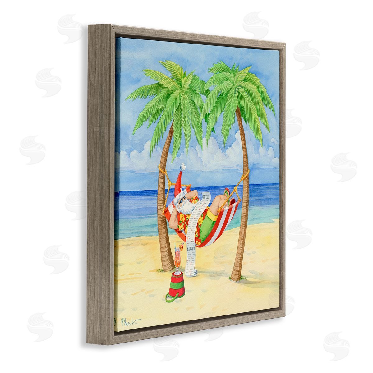Paul Brent Santa on Beach Hammock Brown Floating Frame Canvas Wall Art Print