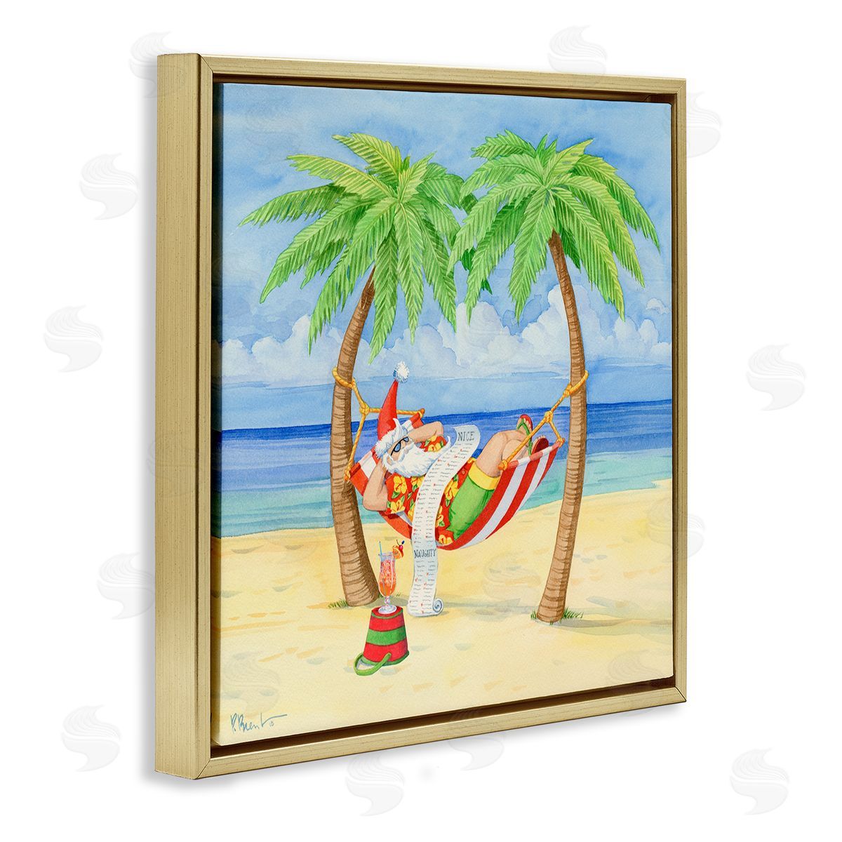Paul Brent Santa on Beach Hammock Gold Floating Frame Canvas Wall Art Print
