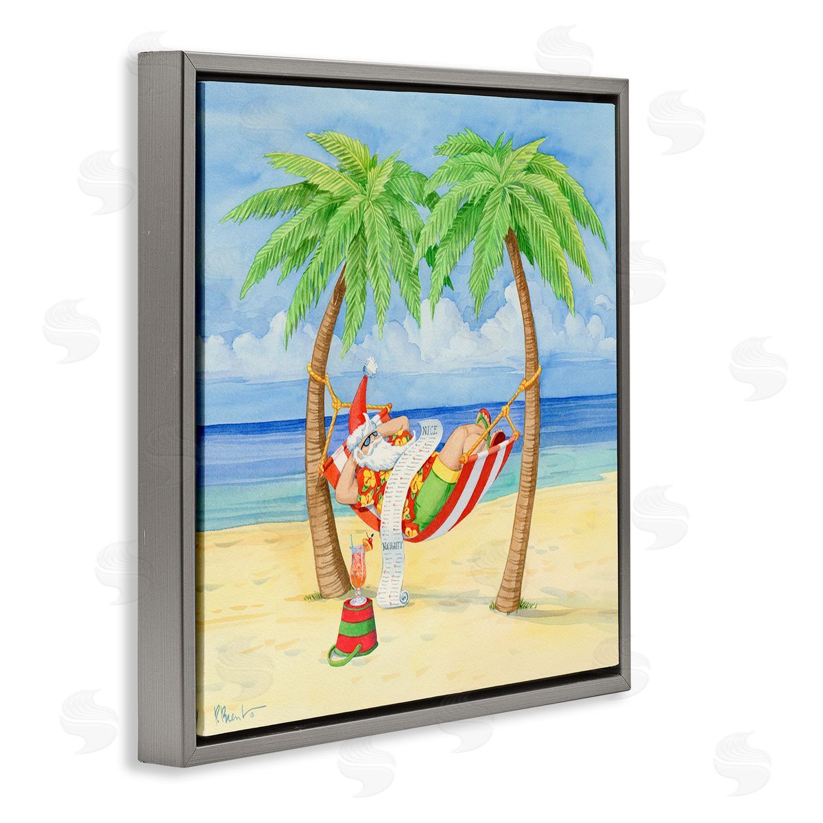 Paul Brent Santa on Beach Hammock Gray Floating Frame Canvas Wall Art Print