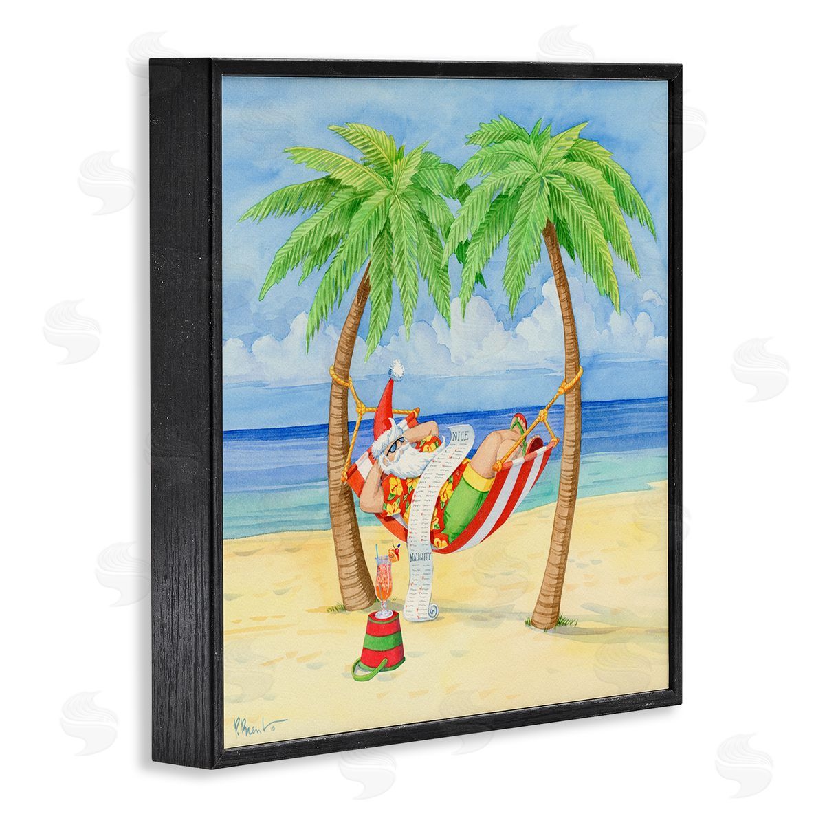 Paul Brent Santa on Beach Hammock Black Framed Glicee Wall Art Print