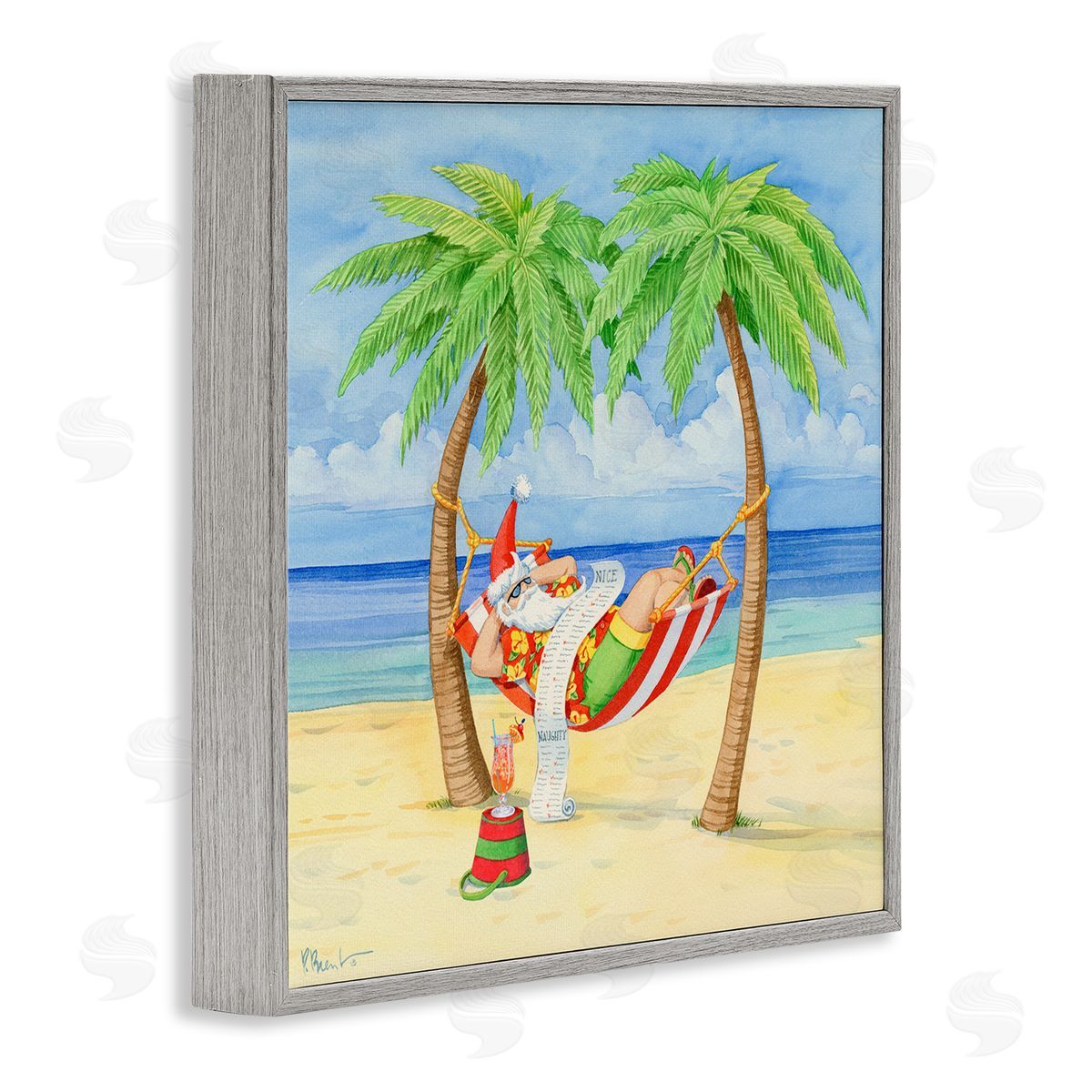 Paul Brent Santa on Beach Hammock Gray Framed Glicee Wall Art Print